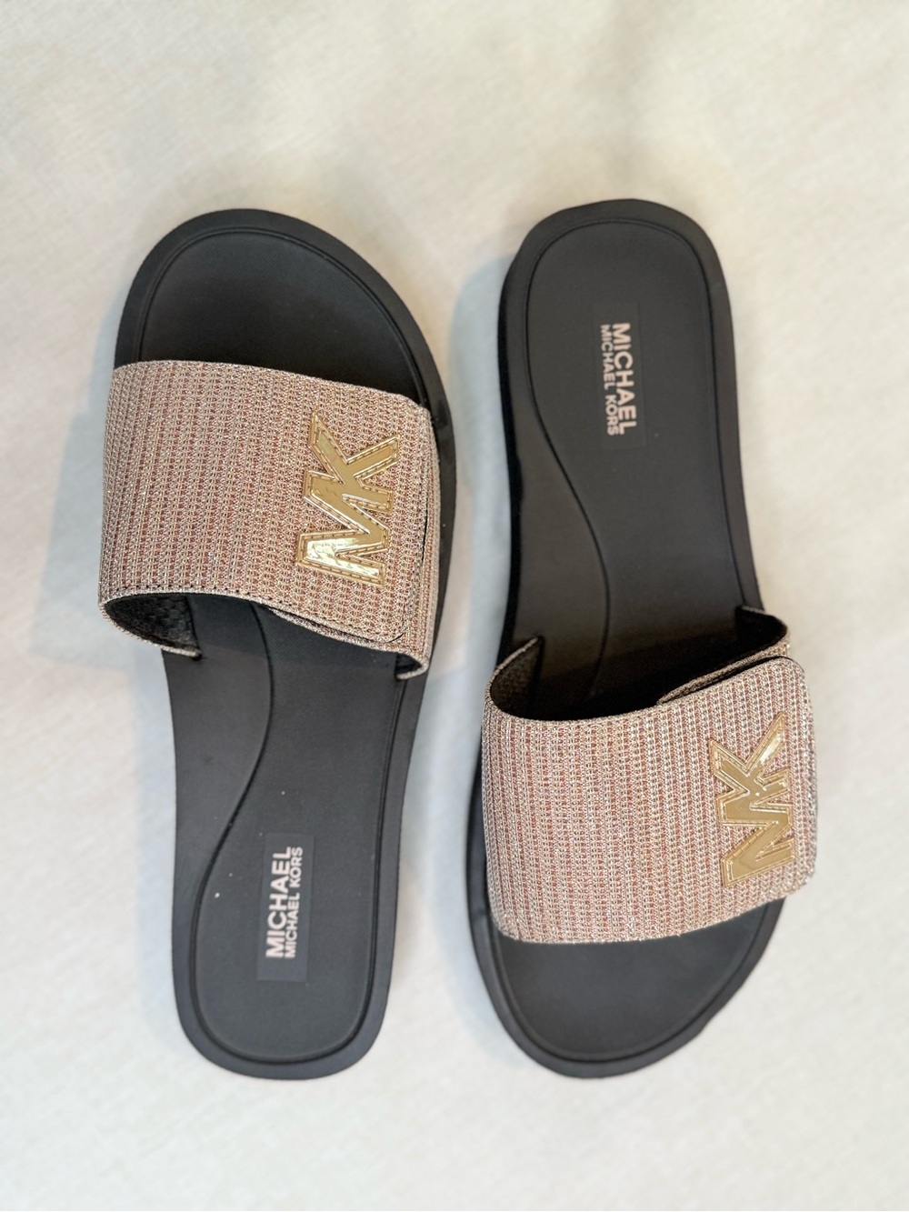 MICHAEL Michael Kors Rose Gold and Black Slide Sandals with Gold MK Logo